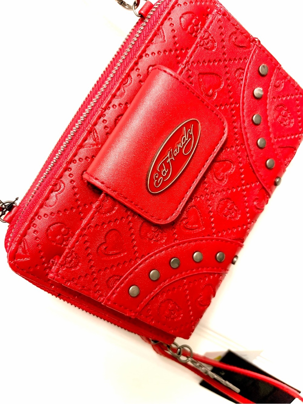 Ed Hardy Red Crossbody Bag with Stud Accents